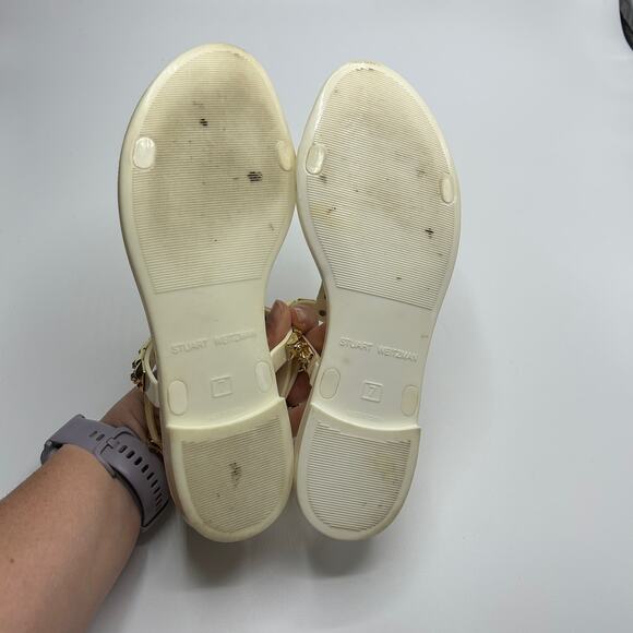 Stuart Weitzman Jelly Sandals Size 7 Studded T-Strap "Jelrose" Cream Gold - Picture 10 of 10
